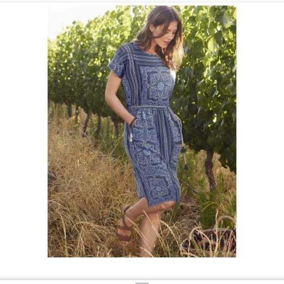 WHITE STUFF Blue Tile Indian Summer Dress  Poly / Linen Blend (No Belt) US Sz 6 - Picture 3 of 13